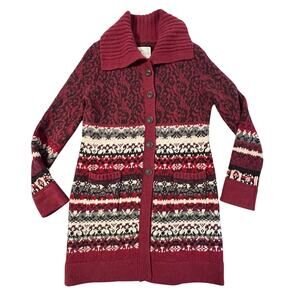 Bob Timberlake Sweater Womens Large Red Fair Isle Lambswool Nordic Long Cardigan